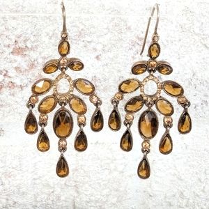 Vtg Monet Amber Tone Bezel Set Rhinestone Chandlier Kidney Wire Back Earrings